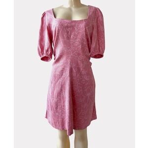 Pink Linen Blend Floral Mini Dress Square Neck Puff Sleeve Cottagecore  M
